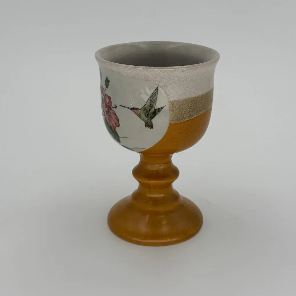 Vintage Otagiri Japan Hummingbird Hibiscus Stoneware Sake Set Carafe 3 Goblets